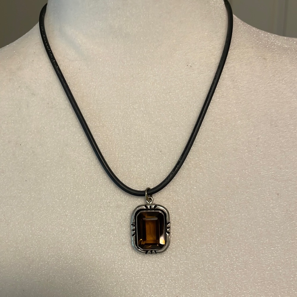 Smoky quartz in silver on rubber necklace